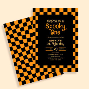 Retro Spöklik Ett Rutig Orange 1-årsdag Inbjudningar