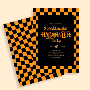 Retro spökstämning Halloween Rutig Orange Inbjudningar