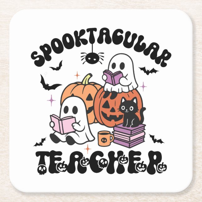 Retro Spooktacular Teacher Halloween Ghost Underlägg Papper Kvadrat (Framsidan)