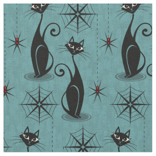 Retro Spooky Cats och Spiders på Distress Blue Tyg