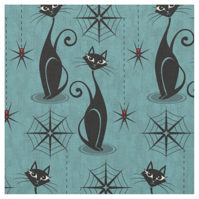 Retro Spooky Cats och Spiders på Distress Blue Tyg (Närbild)