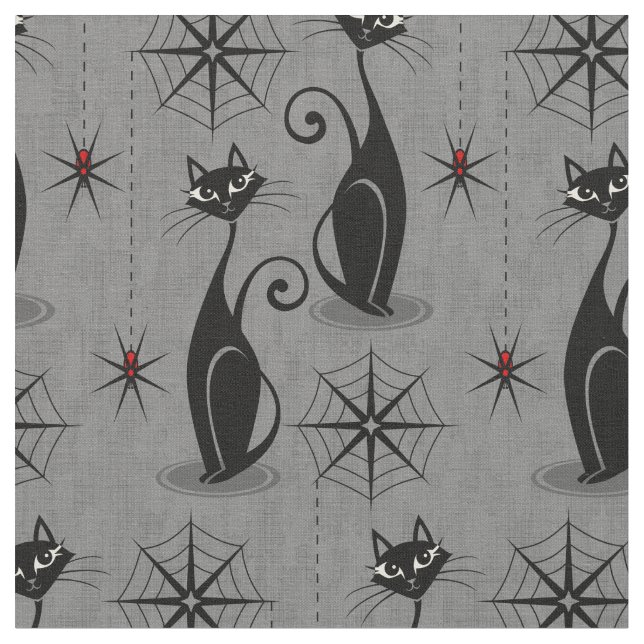 Retro Spooky Cats och Spiders på Distress Grått Tyg (Närbild)