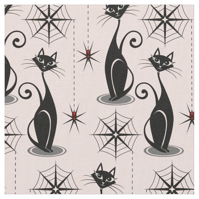 Retro Spooky Cats och Spiders på Rosa Tyg (Närbild)