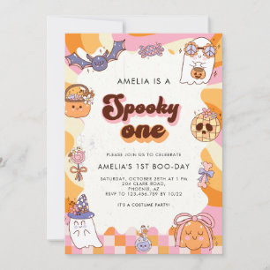 Retro Spooky En Rosa Halloween 1 födelsedag Inbjudningar