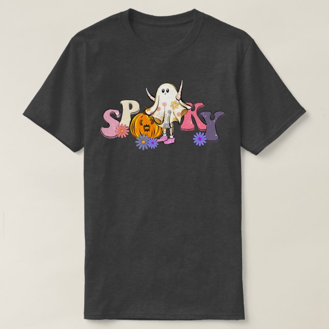 Retro Spooky Ghost Pumpkin Spooky Vibes Lycklig Ha T Shirt (Design framsida)