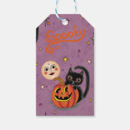 Retro Spooky Kitten Pumpkin Måne på Lila Presentetikett