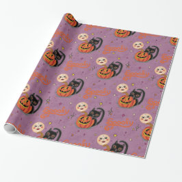 Retro Spooky Kitten Pumpkin Måne på Lila Presentpapper
