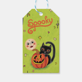 Retro Spooky Kitten Pumpkin Måne på Lime Green Presentetikett