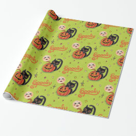 Retro Spooky Kitten Pumpkin Måne på Lime Green Presentpapper