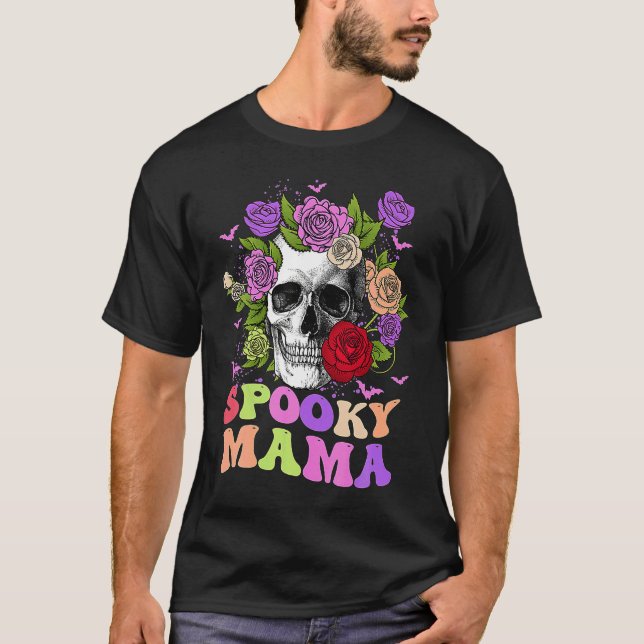 Retro Spooky Mama Skull Women Flower Mom Skeleton  T Shirt (Framsida)