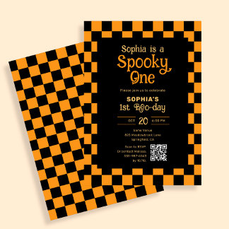 Retro Spooky One Checkered Orange 1st Birthday Inbjudningar