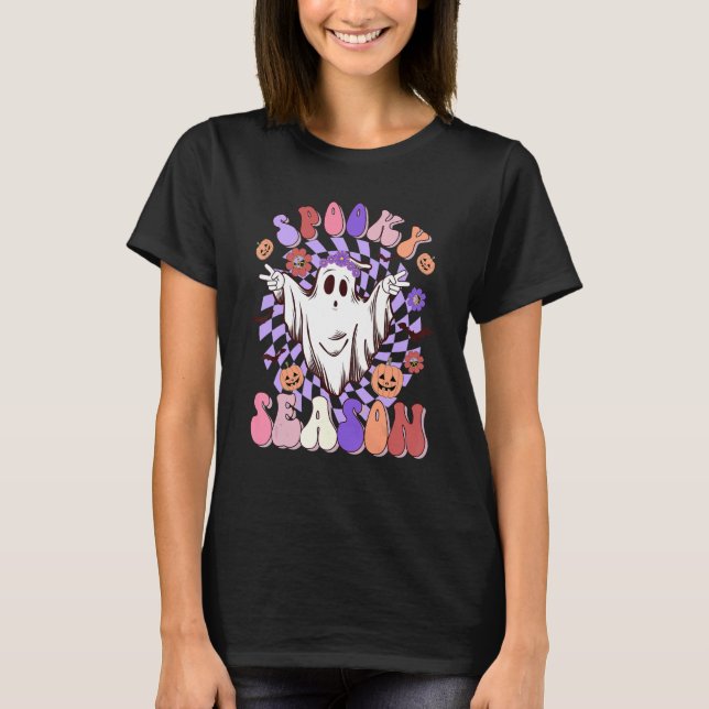 Retro Spooky Season Spooky Vibes Cute Ghost Hallow T Shirt (Framsida)