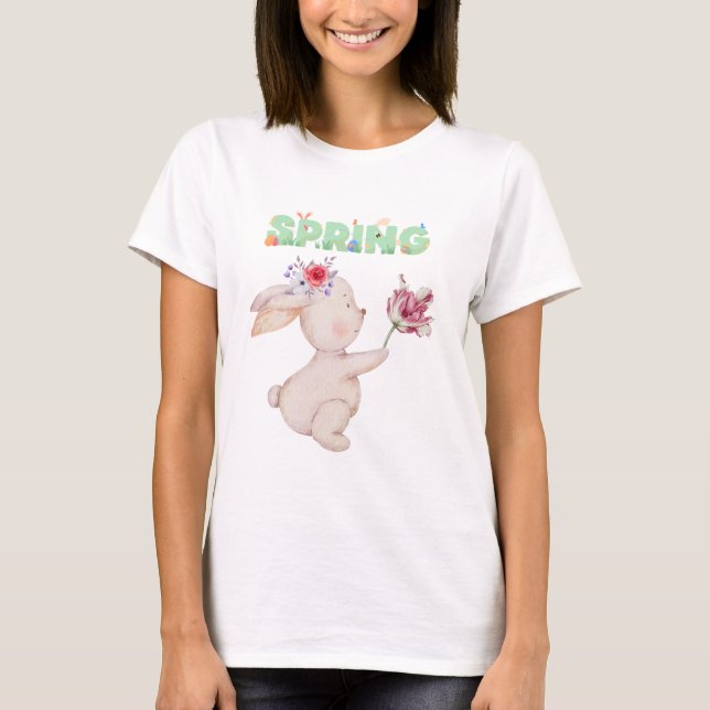 Retro Spring Bunny with Tulip Graphic Tee (Framsida)
