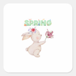 Retro Spring Bunny with Tulip Graphic Tee Fyrkantigt Klistermärke