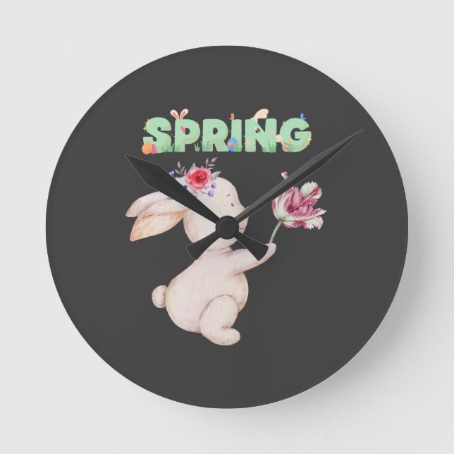 Retro Spring Bunny with Tulip Graphic Tee Rund Klocka (Framsida)