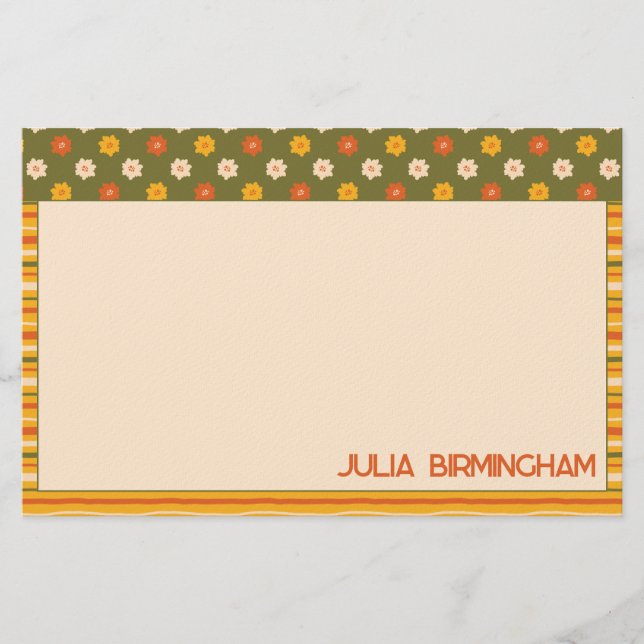 Retro Spring Hand Drawn Floral Striped Horizontal Brevpapper (Framsida)