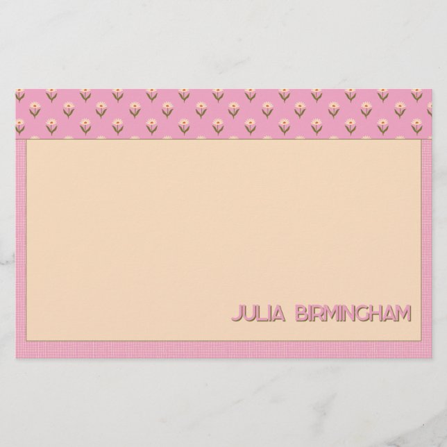 Retro Spring Hand Drawn Pink Floral and Grid Brevpapper (Framsida)