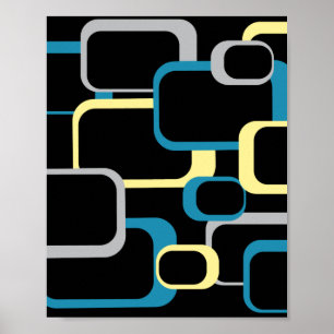 Retro Squares Mönster Gult Blue Grått Black Poster