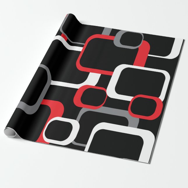 Retro Squares Mönster Red Black White Grått Presentpapper (Utrullad)