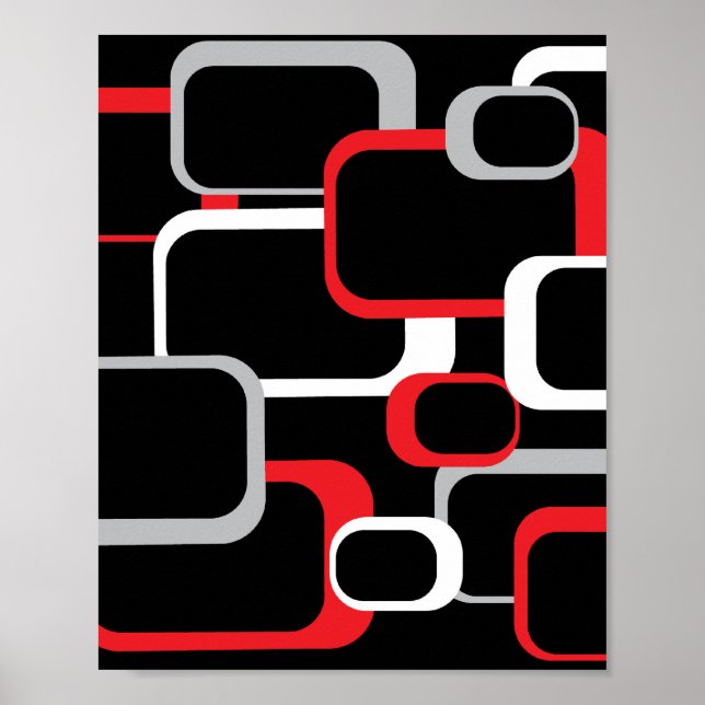 Retro Squares Mönster Red Grått White Black Poster (Framsidan)