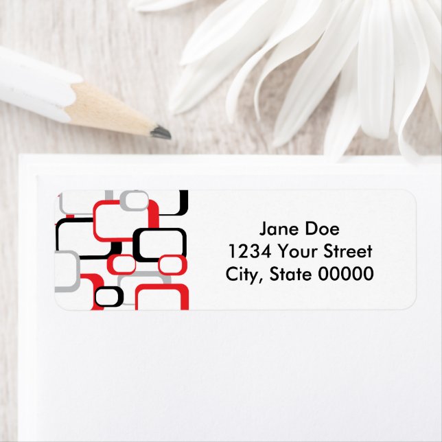 Retro Squares Red Black Grått Mönster Returadress Etikett (Insitu)