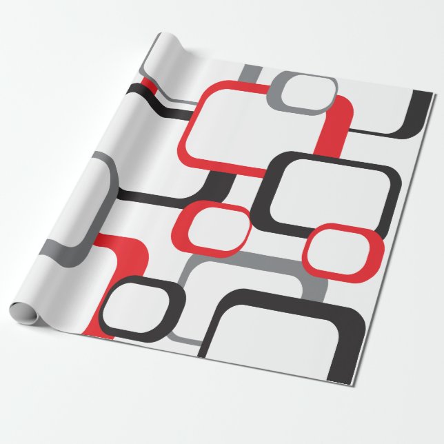 Retro Squares Red Black Grått White Mönster Presentpapper (Utrullad)