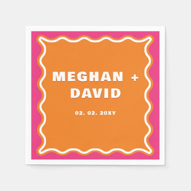 Retro Squiggle Vågigt Curve Rosa Orange Bröllop Pappersservett (Framsidan)
