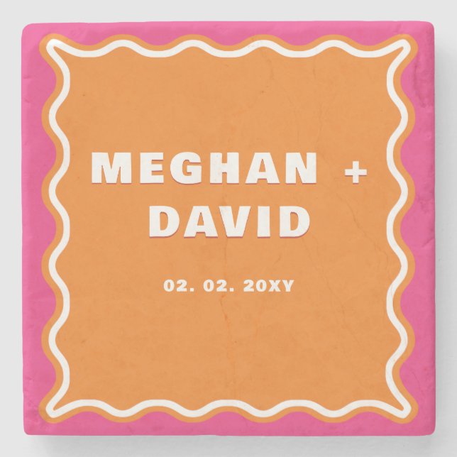Retro Squiggle Vågigt Curve Rosa Orange Bröllop Stenunderlägg (Framsidan)
