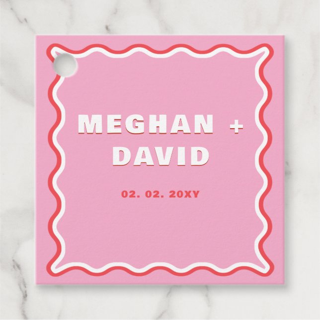 Retro Squiggle Vågigt Curve Rosa Red Bröllop Gåvor Etiketter (Framsida)
