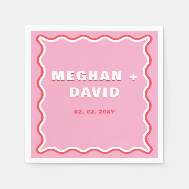 Retro Squiggle Vågigt Curve Rosa Red Bröllop Pappersservett (Framsidan)