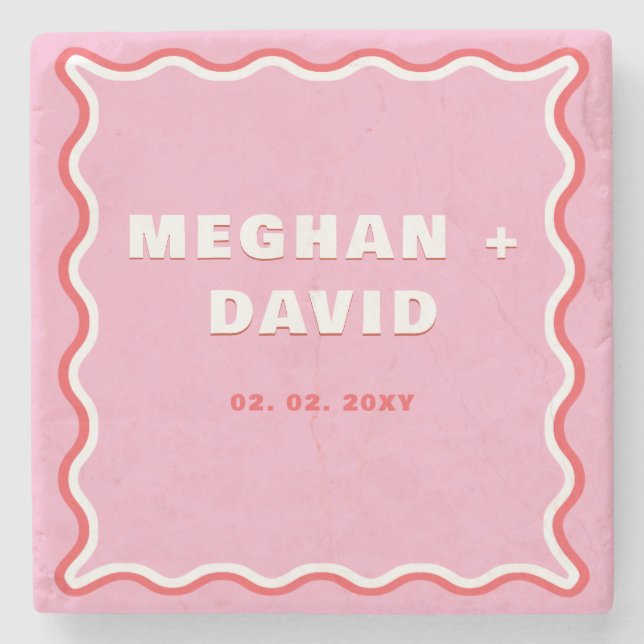 Retro Squiggle Vågigt Curve Rosa Red Bröllop Stenunderlägg (Framsidan)