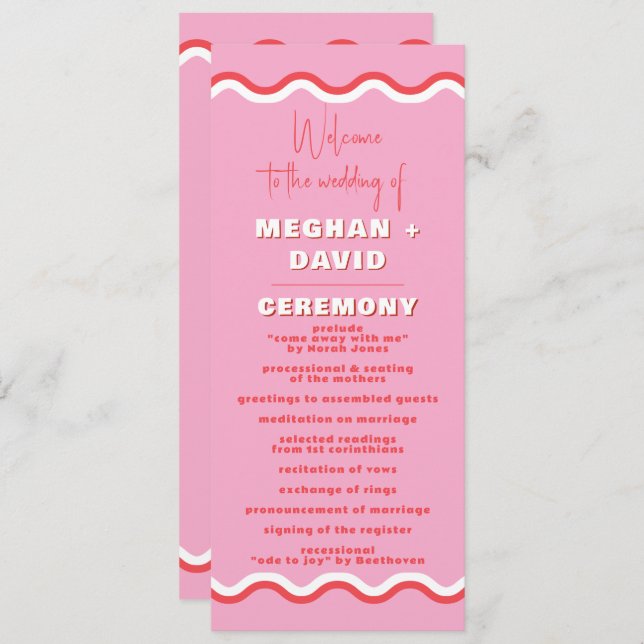 Retro Squiggle Vågigt Rosa Red Bröllop Program (Fram/baksida)