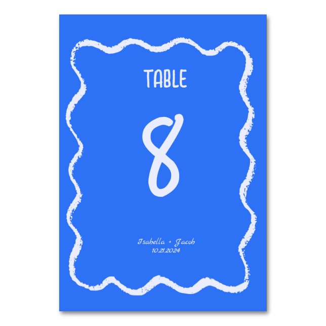 Retro Squiggle Whimsical Cobalt Blue Bröllop Bordsnummer (Framsidan)