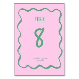 Retro Squiggle Whimsical Rosa and Grönt Bröllop Bordsnummer