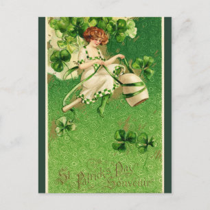 Retro St. Patrick's Day Irish Woman and Shamrocks Vykort