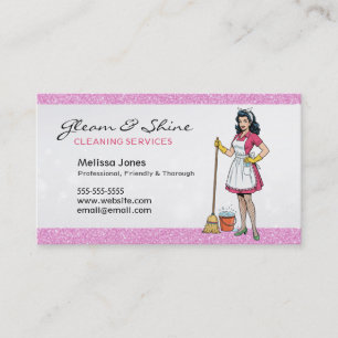 Retro Städning Dam Cleaner Rosa Faux Glitter Visitkort