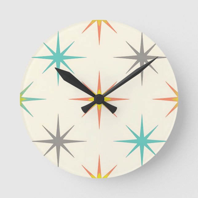 Retro Starburst Mid-Century Mönster Rund Klocka (Framsida)