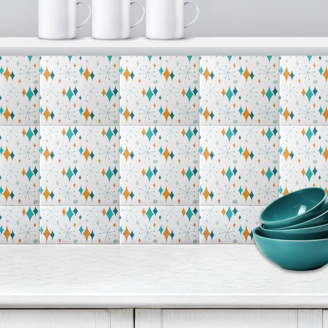 Retro Starburst Stars Mönster Orange Teal Aqua Kakelplatta (Retro Starburst Stars Pattern Orange Teal Aqua Ceramic Tile)