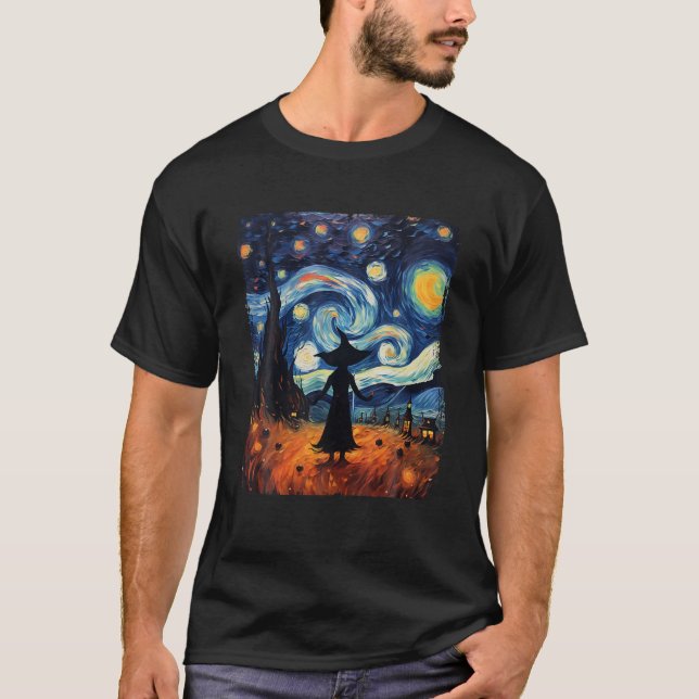 Retro Starry Night Van Gogh Witch Halloween Art Pa T Shirt (Framsida)