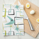 Retro Stars Boomerang Squares Mid Century Kökshandduk<br><div class="desc">Lägg till en kopp färg i ditt kök med funkyns efterhandshandduk. Mönster har abstrakt fyrkanter,  stjärnsprängningar och en bomerang i färg av akvblått,  gult,  avokado grönt och svart. Det här kommer att brista upp din köksdekoration!</div>