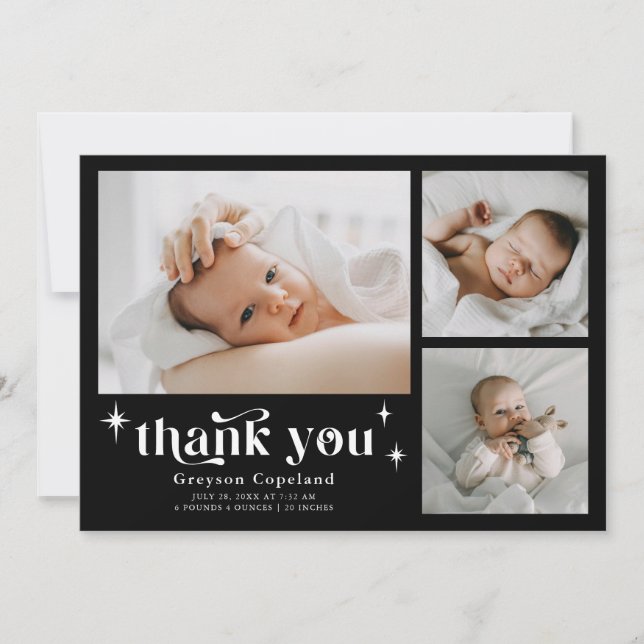 Retro Stars Boy Black Birth-annons Card Meddelande (Framsida)