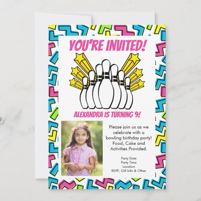 Retro Stars Girls Photo Bowling Party födelsedag Inbjudningar (Framsida)