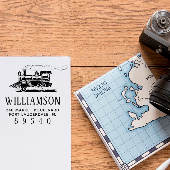 Retro Steam Tåg Family Namn Returadress Självfärgande Stämpel (Skapare uppladdad)