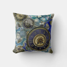 Retro Steampunk Cushion klockor cogs blue
