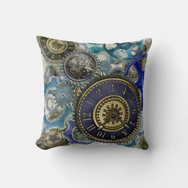 Retro Steampunk Cushion klockor cogs blue Kudde (Framsida)