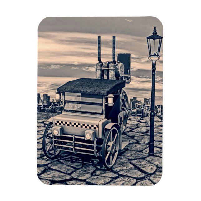 Retro Steampunk Taxi Cab Stadskonst Magnet (Vertikal)
