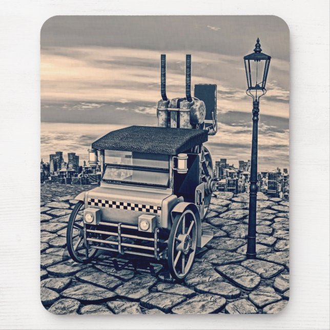 Retro Steampunk Taxi Cab Stadskonst Musmatta (Framsidan)