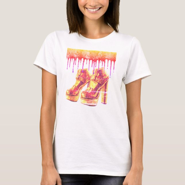 Retro stil 1970 Stack Skor på Kortärmad Svart T Shirt (Framsida)