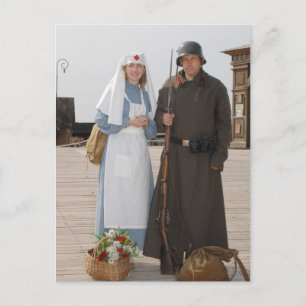 Retro stil bild med sjuksköterska och soldat vykort