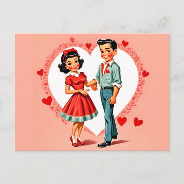 Retro Stil Boy and Girl Valentine Day Postcard Vykort (Framsida)
